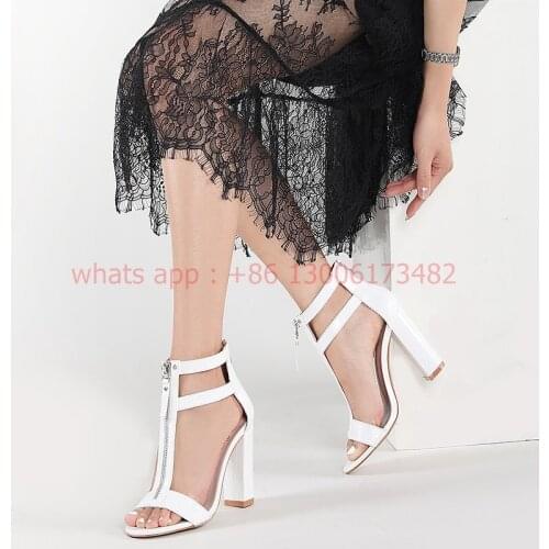 Elegant woman T strap open toe sandal white black color 9.5 cm chunky high heel front zipper sandals women