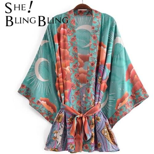 SheBlingBling Moon Print Thin Style Summer Women Kimono Shirts Fashion Open Front Drop Shoulder Female Loose Blouses with Sashes