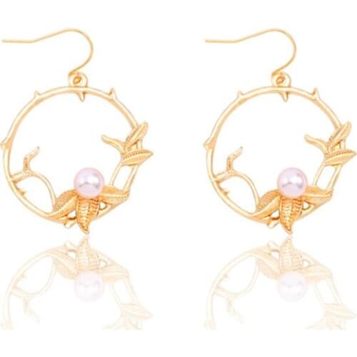 Light Yellow Gold Color Alloy Flower Leaf Round Drop Earrings with Imitation Pearl Jewelry