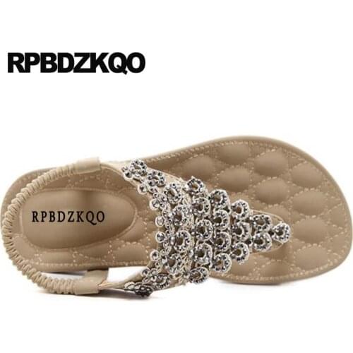 T Strap Women Flat Rhinestone Beach Shoes Sandals Leisure Fashion Bohemia Style Thong Crystal Wide Fit Diamond Nude Large Size