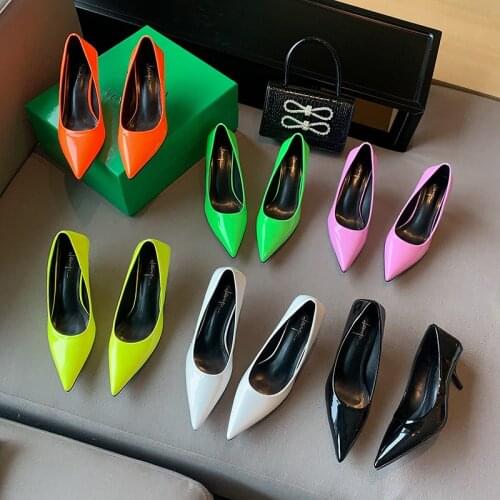 Pointed Toe Women Pumps Shallow Slip On Thin High Heels Candy Color Ladies Pumps Office Shoes Nightclub Patent Leather Pumps
