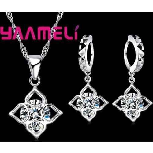 Lady Fashion Crystal Jewelry Sets Hollow Square 925 Sterling Silver Weddings Engagement Necklace Pendant Earrings Sets