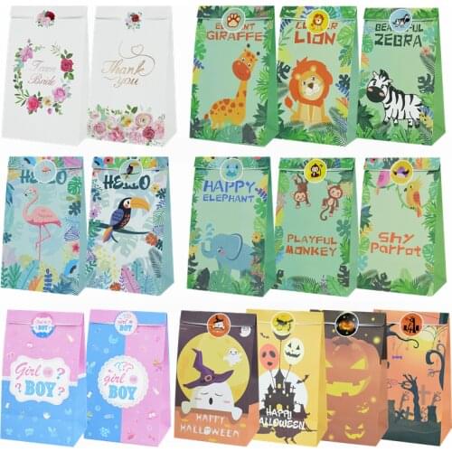 12pcs Stand Up Gift Bag Cartoon Animals Flowers Paper Bags with Sticker Wedding Birthday Party Treat Gift Packaging Decoration 8