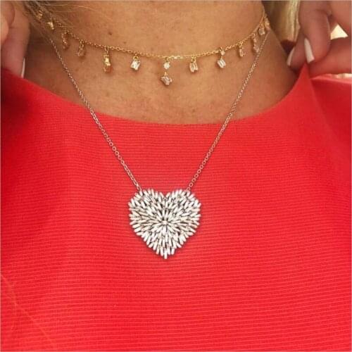 2019 new arrived gold silver color baguette firework cz paved necklace for lover girls sparking cz Heart pendant sweet jewelry