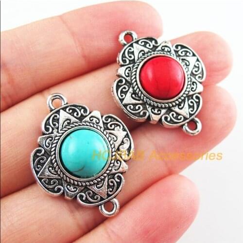 6Pcs Retro Tibetan Silver Tone Flower Heart Blue&Red Stone Charms Connectors 23.5x30mm