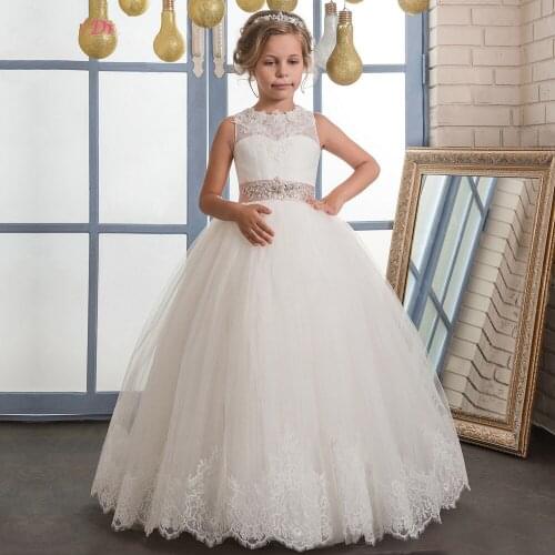 Ball Gown White/Ivory Flower Girl Dress for Wedding with Beaded Sash Princess First Communion Gown Pageant Prom Dress 1-14Y