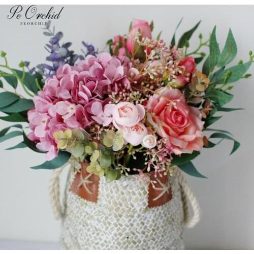 PEORCHID 2020 Artificial Wedding flower Bridal Bouquet Pink Hydrangea Rose Real Touch Bouquet Table Mariage Vintage