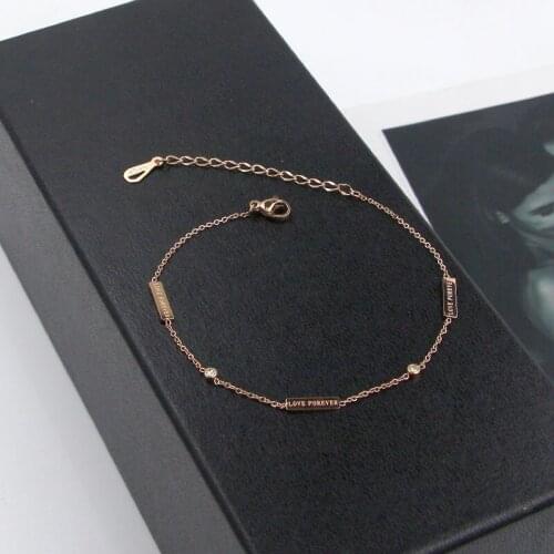Fashion Stainless Steel Forever Love Letter Square Charm Anklets Rose Gold Color Crystal Round Anklet Bracelet Woman Gift