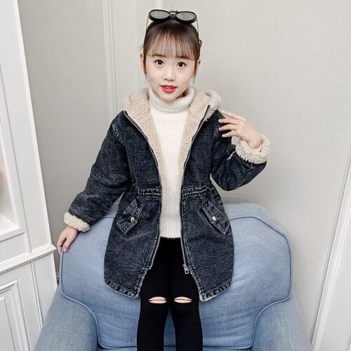 Girls Babys Coat Jacket Outwear Black Jean Fur Thicken Autumn Winter Plus Velvet Warm School Formal Fleece Childrens Clothing