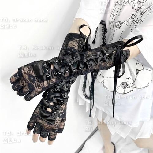 Ruibbit New Arrival Gothic Lace Up Harajuku Punk Style Black White Metal Ring Half Finger Hollow Out Long Gloves Chic Streetwear