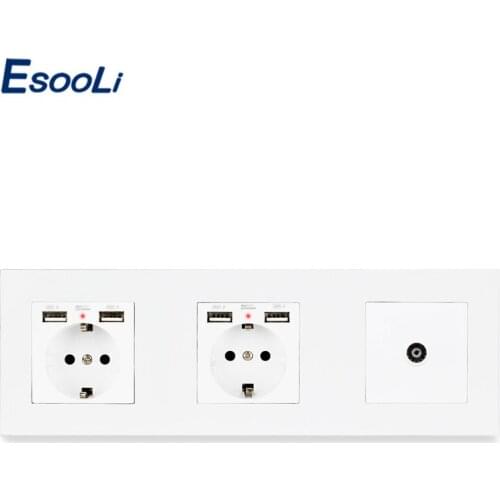 ESOOLI PC Plastic Panel Double EU Standard Socket with 4 USB Charging Port 1 Gang Female TV Connector Television Port