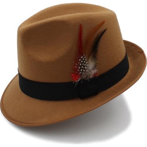 Fashion Women Mens Feminino Fedora Hat For Winter Autumn Wool Church Homburg Jazz Hat Size 57CM With Cool Feather