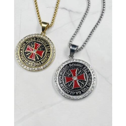 Hip hop Knights Templar Iron Cross Pendant Necklace Cubic Zirconia Stainless Steel Ordre du Temple for Male Men Rock Jewelry