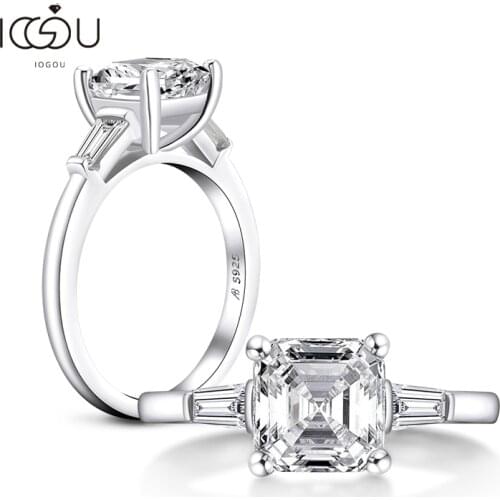 IOGOU Luxury 3 Carat Asscher Cut Sona Ring For Women Engagement Wedding Band Ring 925 Sterling Silver Female Jewelry Round Rings