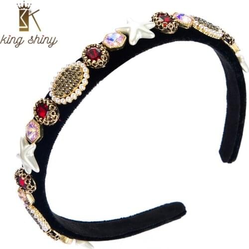King Shiny Vintage Baroque Imitation Pearl Star Headband Elegant Geomtric Crystal Beaded Hairband Girls Party Jewlry Tiara Bezel