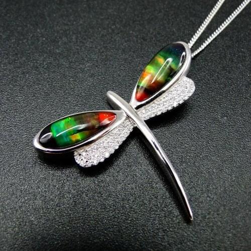 Beautiful 925 Sterling Silver Ammolite Dragonfly Drop Pendant Natural Multi Color MOP Pendant Necklace For Gift