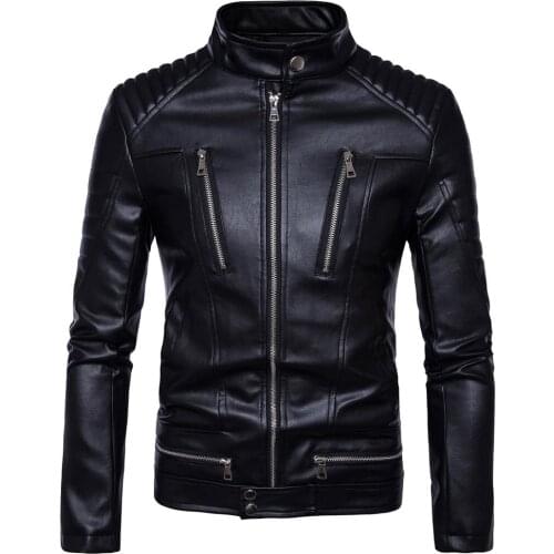Idopy Autumn Mens Faux Leather Jackets Coats Men Stand Collar Zippers PU Leather Multi Zippers Motorcycle Biker Leather Coat