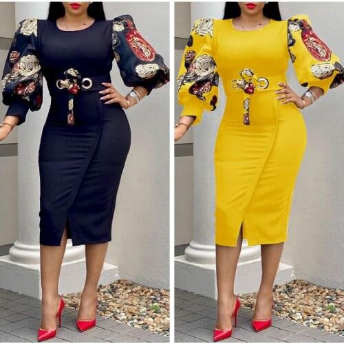 Summer Women Bodycon Dresses Elegant Ladies Lantern Sleeve Plus Size O-Neck Dress Print Hem Slit Party Dress
