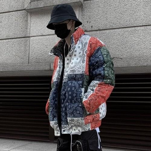 Boy Mans Graphic Abstract Fashion Winter Jacket Joint Color Coat Cotton Blended Thick Warm