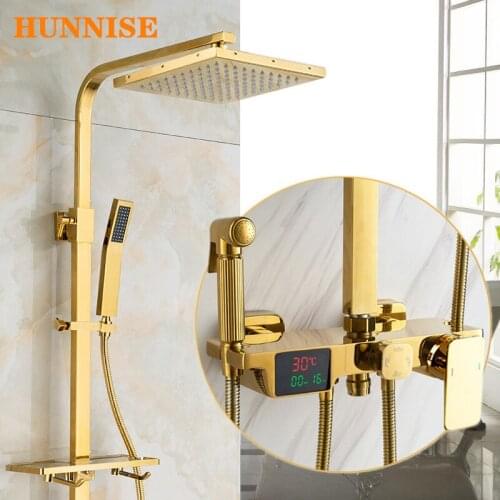 Bathroom Shower Set HUNNISE Gold Bathroom Mixer Faucets 12 Inch Rainfall Digital Shower System for Gold Thermostatic Shower Set
