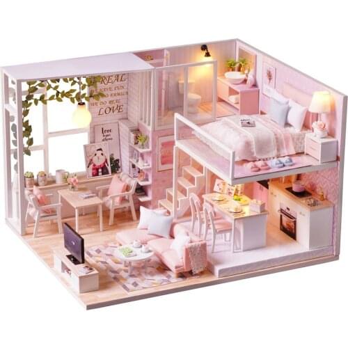 DIY Miniature Loft Dollhouse Kit 3D Pink Wooden House Room(No Dust Cover-No Music Box)