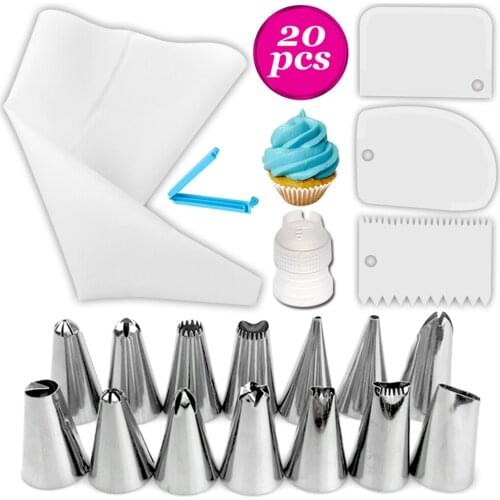 20 Pcs/Set Cake Decorating Tool Kit Reusable Silicone Pastry Bag Icing Smoother Russian Nozzles Tips with Pattern Chart and Clip