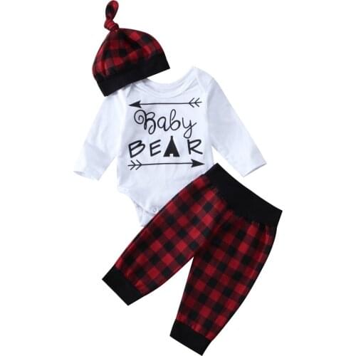 2020 New Fall Autumn 0-18M Toddler Baby Boy Girl 3Pcs Set BABY BEAR Tent Arrow Letter Print Bodysuit+Red Plaid Pants+Hat Outfit