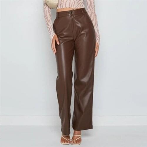 2021 New Europe High Waist Clubwear PU Leather Pants Zip Front Pockets Classic Pure Wide Legs Sexy Brown Winter Women Trousers