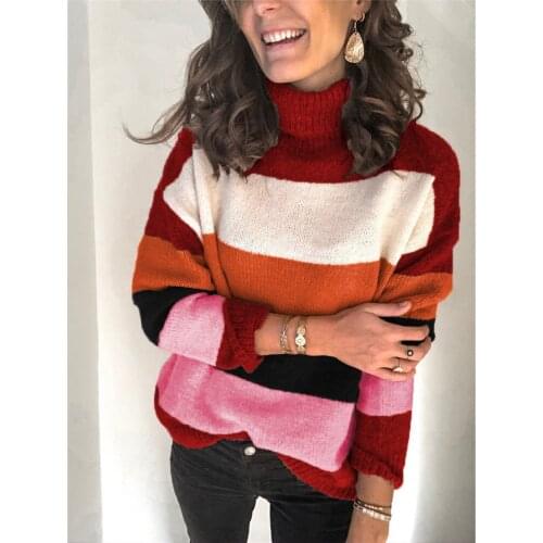 2021 New High Neck Stitching Sweater Ol Large Womens Striped Sweater Womens