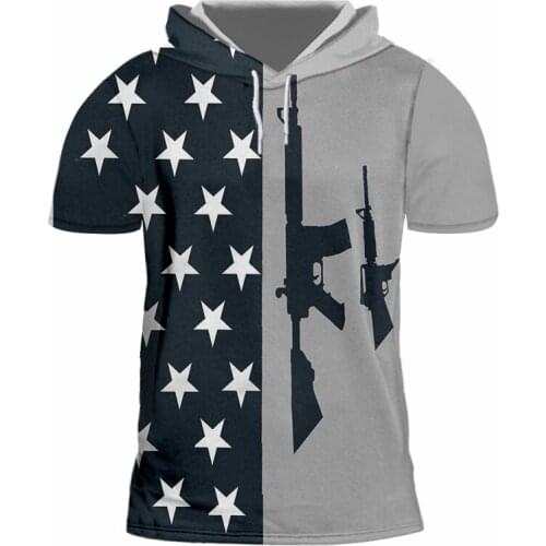 OGKB Dropship Tshirt With Cap Mens Print American Flag And Gun 3D Hooded T-shirt Man Short Sleeve Hoodies Pullovers Tracksuits
