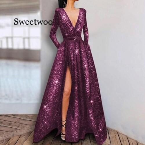 Autumn Fashion Elegant Deep V-neck Sexy Women Party Dress Bandage Long Sleeve Sashes Sequined Maxi Dress Purple