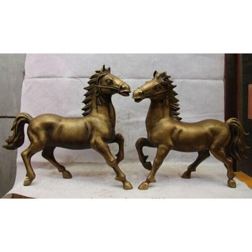 Song voge gem S1531 China Royal Palace Copper Brass Carved Feng Shui War Horse Statue Sculpture Pair