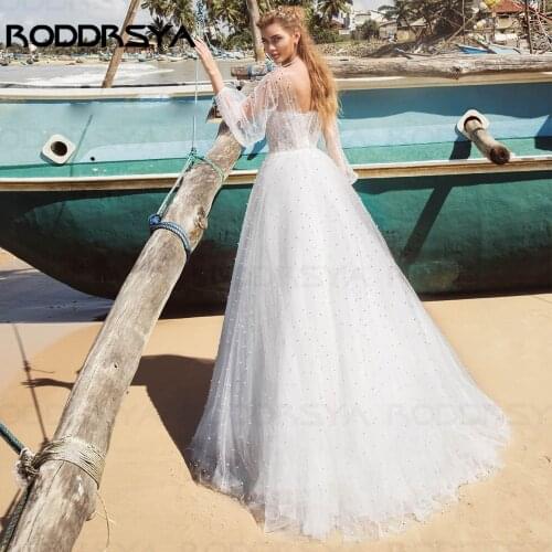 RODDRSYA Vestidos Elegant Wedding Dresses Tulle Illusion Pearls Appliques Bateau Full Sleeve Bridal Gowns