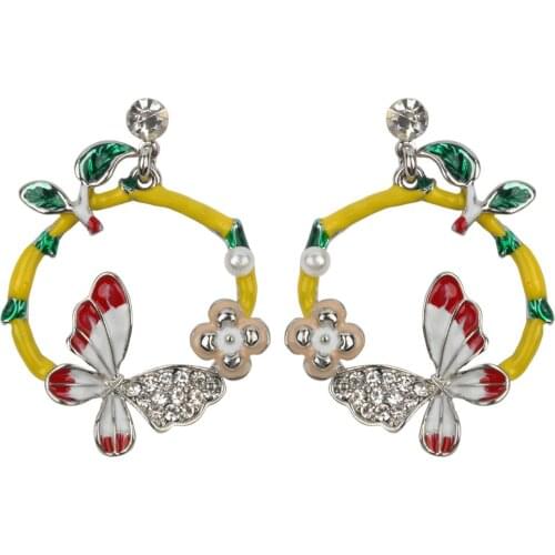 Butterfly Flower Leaf Earrings Crystal Enamel Dangle Drop Round Hoop Silver Plated Party Jewelry Gifts For Women Girls NE23