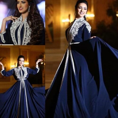 Navy Blue Moroccan Caftan Evening Dresses vestidos de fiesta embridory beads lace فساتين السهرة long evening dresses for party