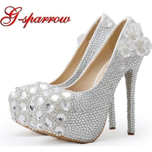 Cinderella Prom Pumps Graduate Farewell Ceremony Shoes Silver Rhinestone Bride Dress Shoes Fiancee Evening Party Dancing Shoes