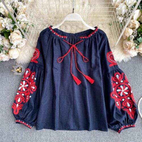 Vintage 2021 Autumn Fashion Women Long Sleeve V-Neck Floral Embroidery Bandage Blouse Loose Casual Retro Shirts