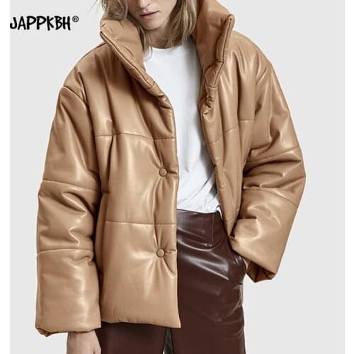 Women PU Leather Parkas Fashion High Street Solid Faxu Leather Coats Elegant Winter Thick Cotton Jackets Female Loose Outerwear