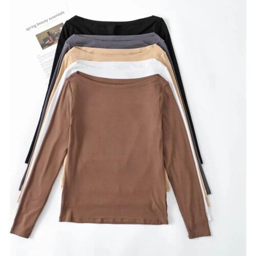 Female New Fashion Off Shoulder Long-sleeved Slim Body All Match Soild Tops 2021 Spring Women Sexy Slash Neck Bottoming T-shirt