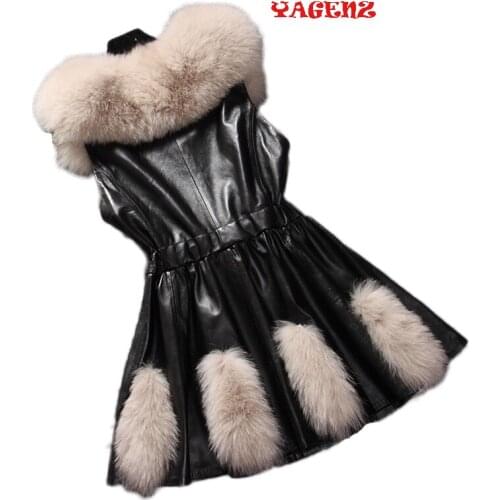 Faux Fox Fur Women Fashion PU Leather Vest Lady Faux Fox Fur Collar Coat In The Long Section Slim Fit Dress Black Jacket