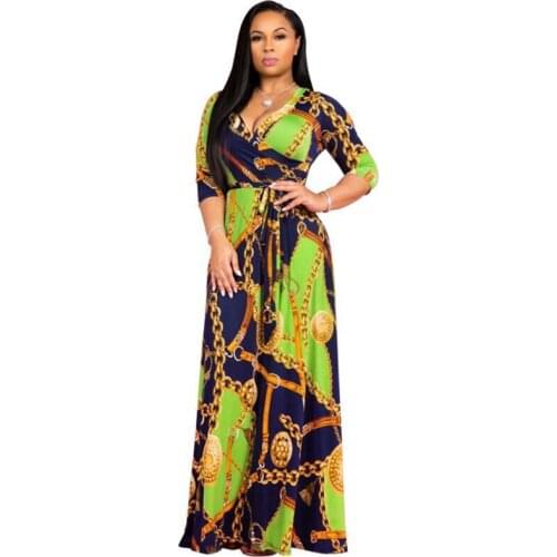 2020 new summer Five-point sleeve long dresses womens fashion chain plus size Sexy V-neck digital print big swing dress female
