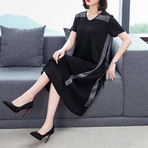 2021 Women Dress Summer 5XL Plus Size Knitted Lady Elegant Pullover V-Neck Short-sleeve Loose Sweater Long Dresses Vestidos Y847