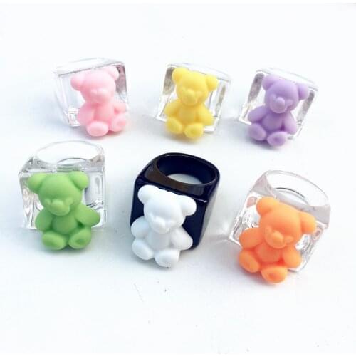 2021 Colorful Cute Bear Finger Rings Resin Acrylic Geometric Square Rings Women Girls Men Rings Fashion Party Jewelry Gifts