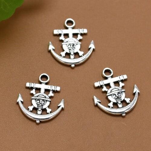 ANGRLY 50pcs 22*18mm Have Hook Up Retro Beaded Handmade Material Skull Head Captain Silver Pirate Pirate Anchor Alloy Pendant