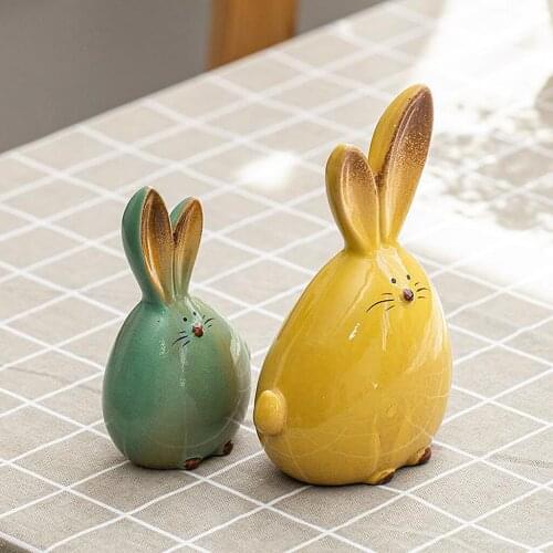 2pcs Ceramics Rabbit Sculpture, Handcrafted Art Statue for Living Room Hallway Bedroom Desktop Decor, Housewarming Easter Gifts