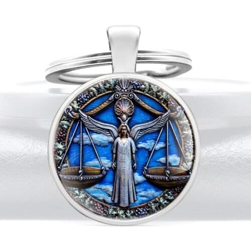 Classic Twelve Constellations Libra Pattern Glass Dome Fashion Keychains Men Women Keyring Jewelry Gifts