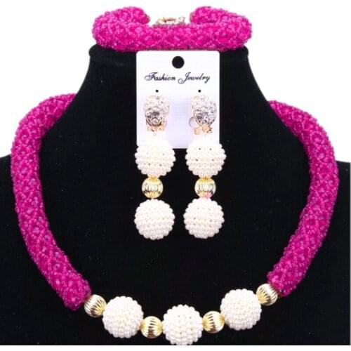 Dudo Store Necklace Set Wedding Fuchsia White African bridal Jewelry Set Costume Choker Set With bracelet and Earrings Free Ship