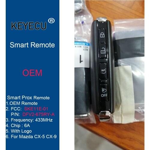 KEYECU Genuine OEM Remote for Mazda CX5 CX9 2020 2021 , 4 Buttons Prox Smart Key 433MHz FSK MODEL: SKE11E-01 P/N: DFV2-675RY-A