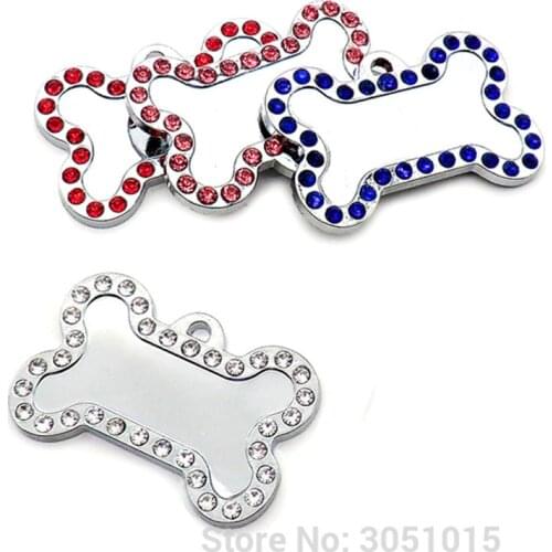 20Pcs Lot Bone Dog ID Tags Personalized Pet Dog ID Tag Engraved Custom Dog Collar Accessories Name Tag Diamond decoration