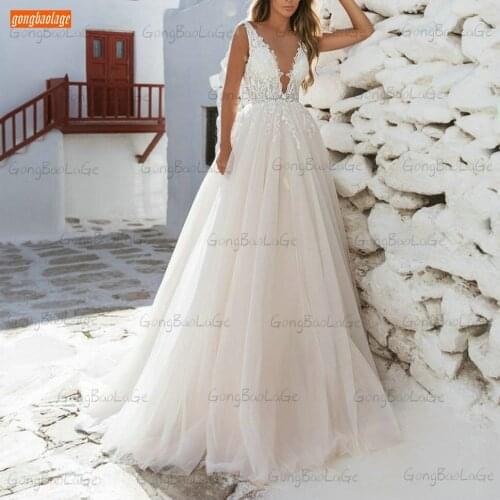 Sexy Deep V Neck Wedding Gowns 2021 Ivory Backless Vestido De Noiva Tulle A Line Bridal Dresses Long Custom Made Robe De Mariage